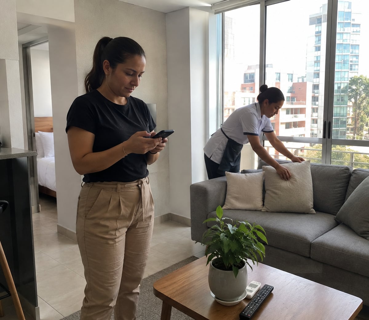 Coordinadora de Prohost revisando un aseo desde la app mientras una camarera termina de arreglar la sala del apartamento